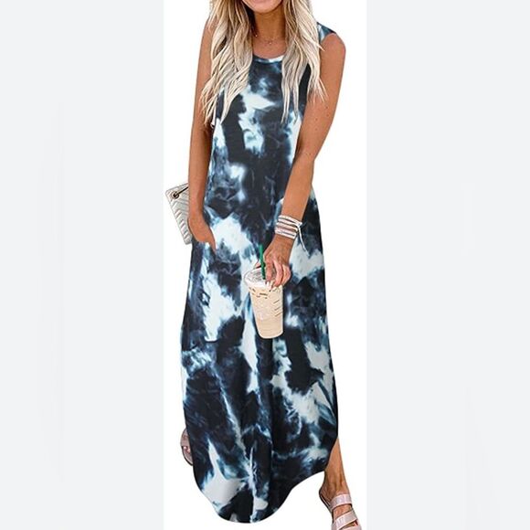 Black blue and white tie dye maxi dress with pockets size small - Picture 1 of 6